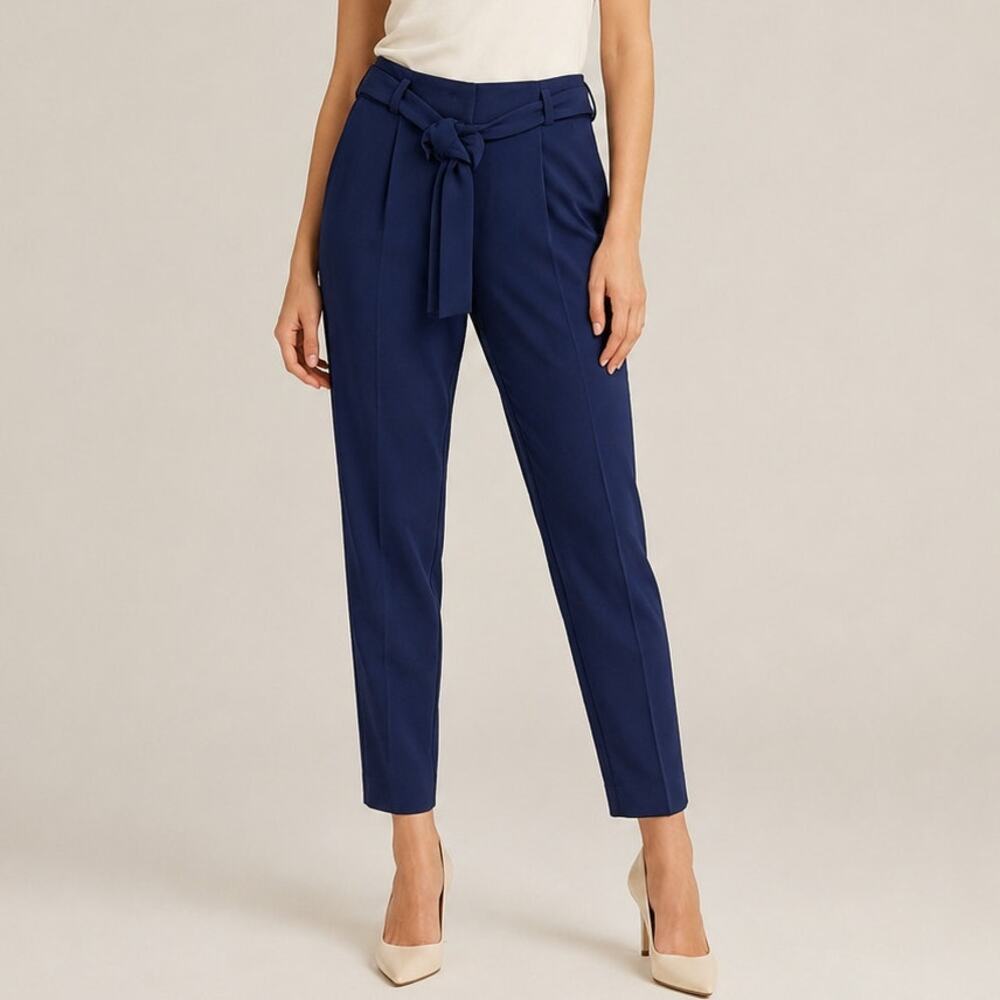 Marc Cain  Tie Waist Pants Womens US 6 Royal Blue Crepe Knit Taper Leg
